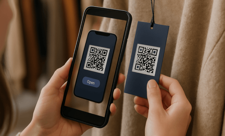 Woman scanning a navy blue hang tag QR code with her phone in a fashion retail setting.