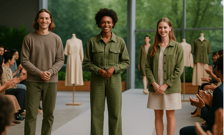 Young fashion designers presenting a sustainable clothing collection at an eco-friendly fashion show