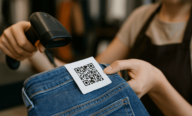 A cashier scans the QR code on the clothing tag of a pair of jeans at checkout, validating product data.