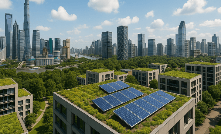 A city skyline with green rooftops and solar panels, showing the link between innovation and sustainable future.