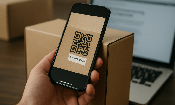 A hand holding a smartphone scanning a QR code on a cardboard box, with a laptop in the blurred background.