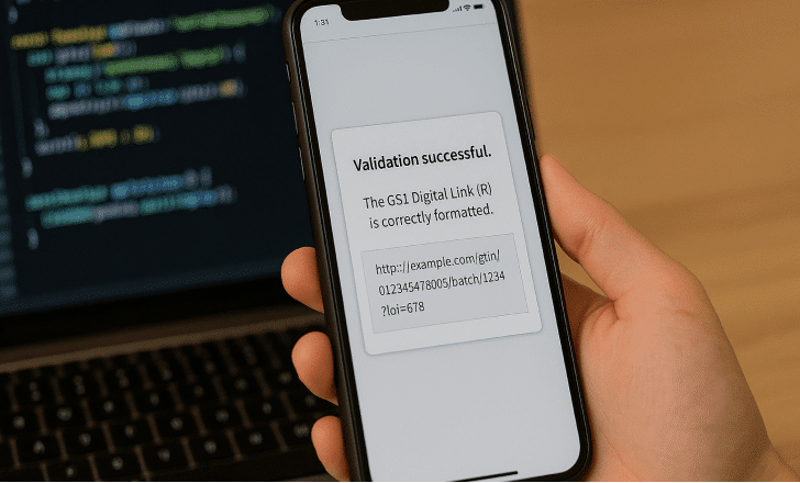 A person holding a smartphone displaying a GS1 Digital Link validation message, ensuring encoded data is correctly formatted.