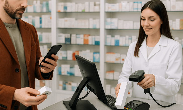 A pharmacist scans a GS1 Digital Link QR code on a cream box at the register while a customer scans another product with their phone to view its digital product passport.