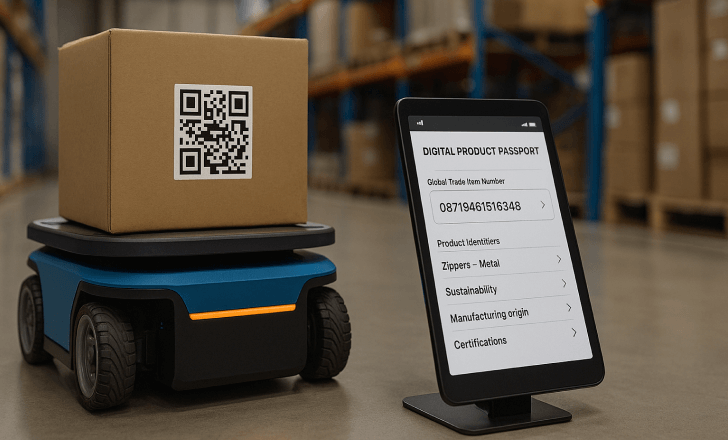 A robotic AGV carrying a cardboard box with a QR code, next to a tablet displaying a digital product passport in a warehouse.