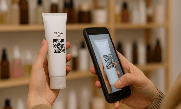 A shopper scans a GS1 Digital Link QR code on a product package in a retail store, accessing detailed product information on their phone.