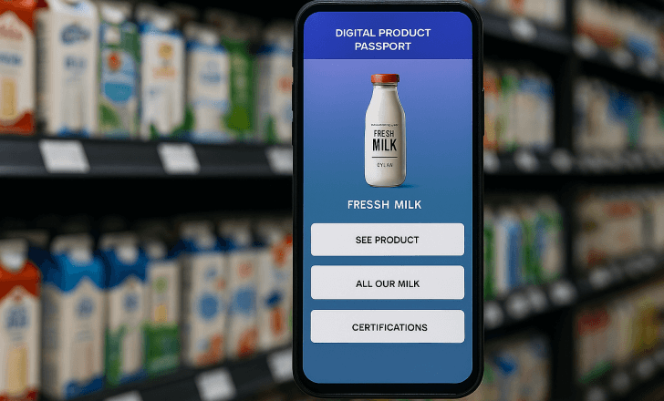 A smartphone displaying a digital product passport for fresh milk, with navigation buttons, in front of blurred milk cartons on supermarket shelves.