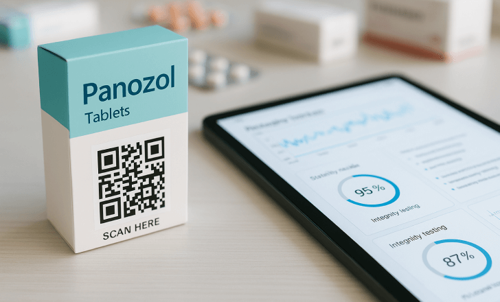 Box of Panozol tablets with a visible QR code placed beside a tablet screen displaying digital packaging test results in a clean, bright workspace.