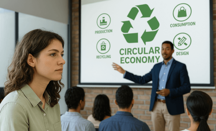 Business leaders attending a presentation on circular economy, with digital visuals on supply chain sustainability.
