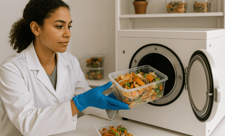Female researcher loading food scraps into a composting machine, symbolizing circular economy practices to reduce greenhouse gas emissions.