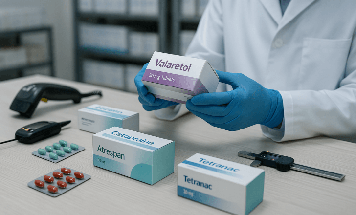 Quality control inspector in a pharmaceutical packaging facility examining a box of medication, with blister packs, measuring tools, and scanning devices on the table.