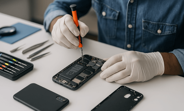 Technician repairing a smartphone with precision tools in a workshop to extend its life cycle.
