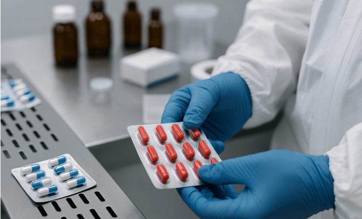 Worker in pharmaceutical packaging facility holding a blister pack of red capsules, with blue capsules, vials, and medicine boxes in the background.