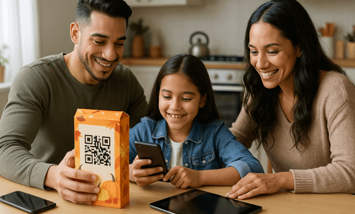 Family at home unpacking a product with smart packaging QR code connecting to digital content