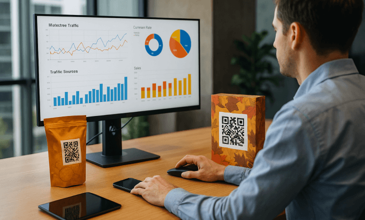 Marketer analyzing campaign dashboards with product packages showing QR codes in a modern office
