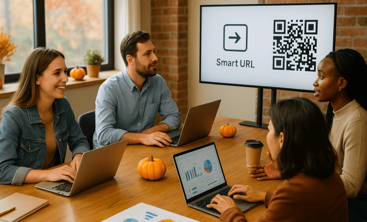 Marketing team planning fall campaigns with digital links and QR codes in a modern office