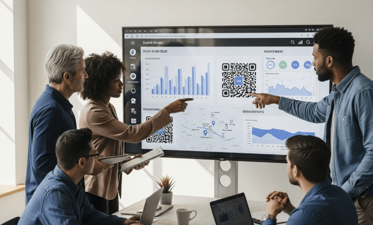 Marketing team reviewing QR code analytics data in a modern office.