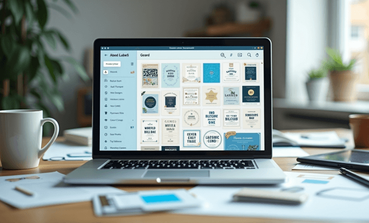 Online label maker interface with templates and creative tools on a laptop.
