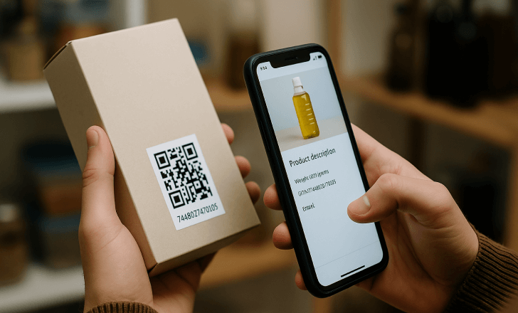 Person scanning a product box with a QR code and GTIN underneath, while their smartphone screen displays a landing page with product details