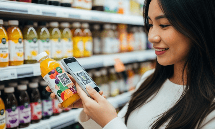 Shopper scanning a product label with a smartphone in a grocery store.