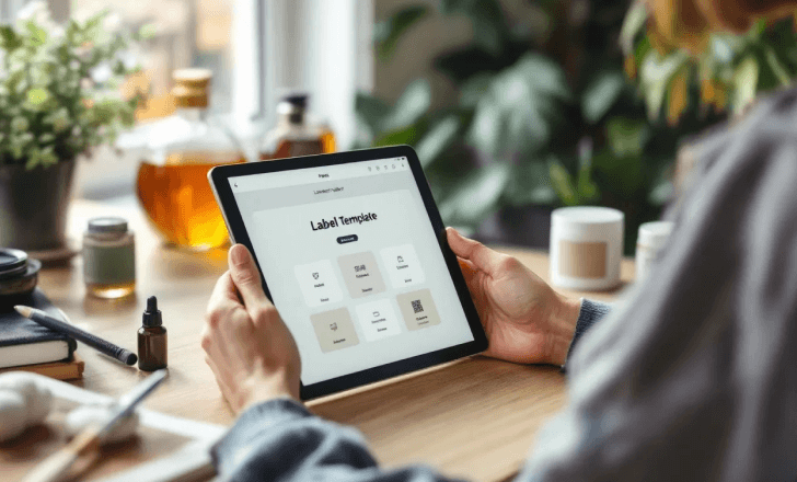 Small business owner designing a product label on a tablet.