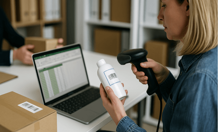 Woman scanning a bottle’s barcode with a handheld scanner while an Excel sheet with product codes is displayed on her laptop.