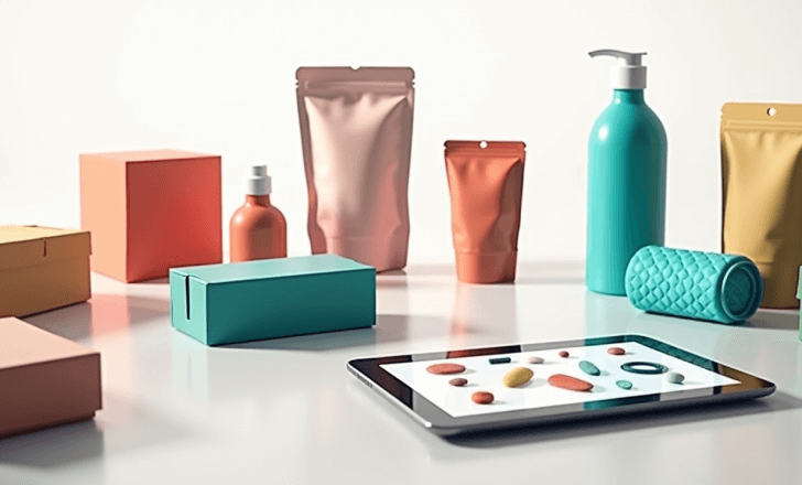 Custom packaging prototypes displayed alongside digital 3D design ideas.