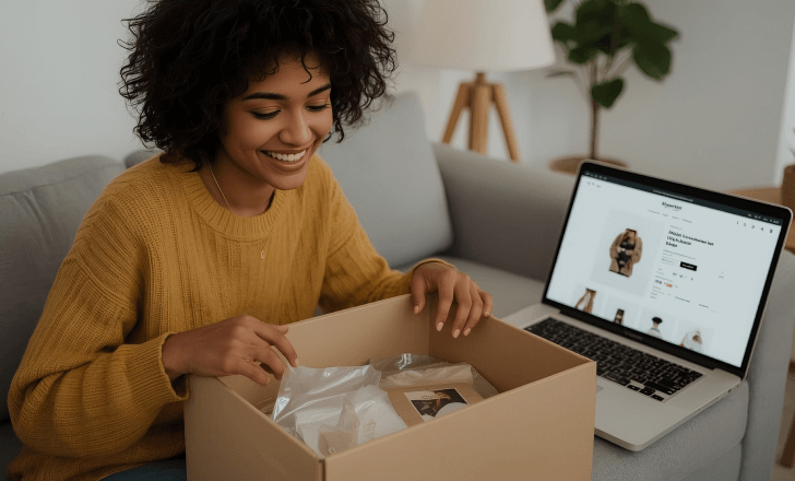 Customer happily unboxing a product purchased from an online store.