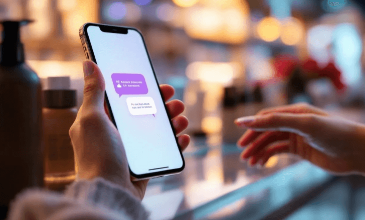 Customer scanning a cosmetic product and seeing AI assistant chat on smartphone screen.