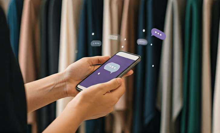 Customer scanning clothing tag in store with AI assistant chat visible on phone.