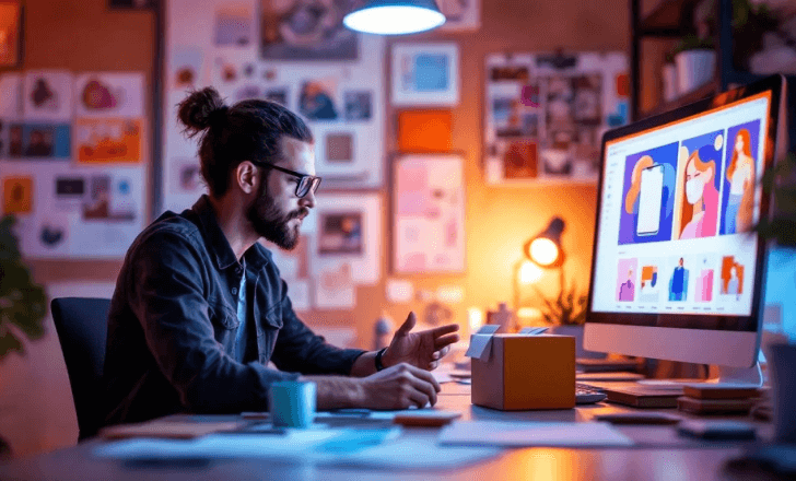 Designer exploring AI-driven packaging design variations on screen.