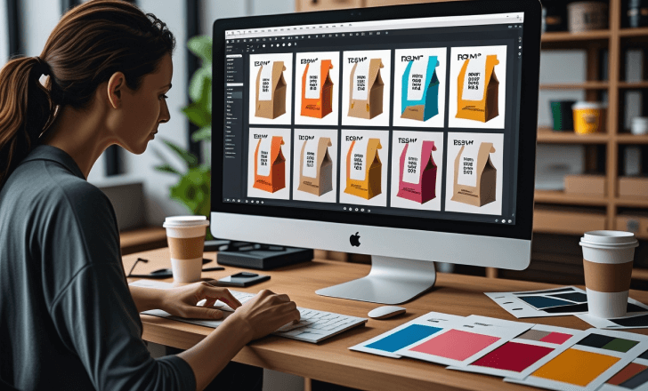 Designer using AI tools and image generators to create packaging mockups.