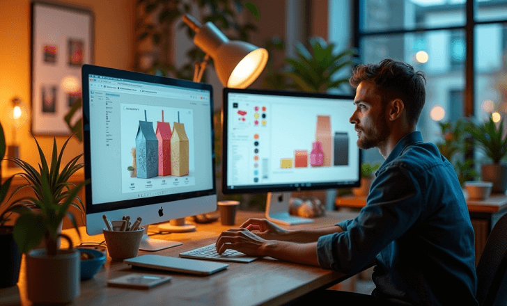Designer using generative AI tools to explore packaging design variations and materials.