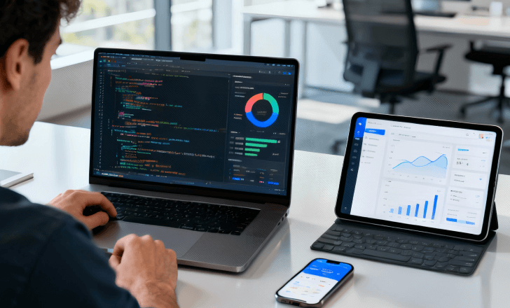 Developer checking ecommerce site speed and performance across devices.