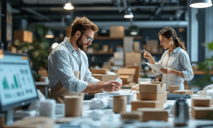 Engineers testing eco-friendly packaging materials with AI sustainability metrics.