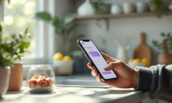 Man scanning food packaging in kitchen with AI assistant chat visible on smartphone.