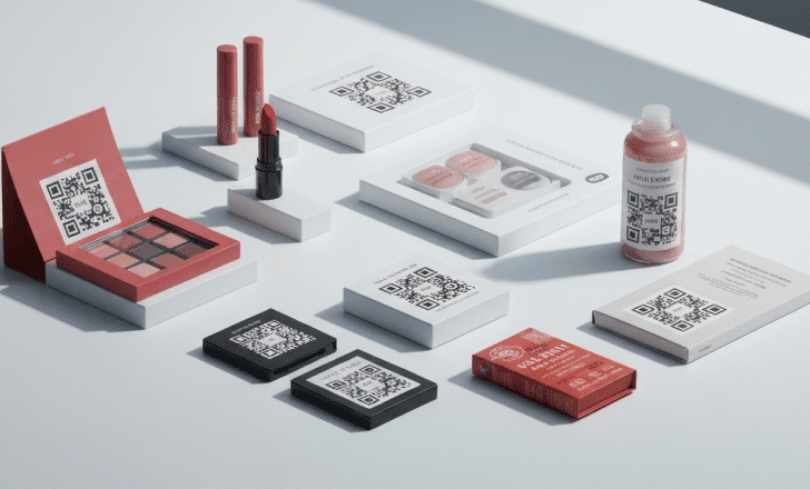 Modern product packaging with visible QR codes and subtle digital data effects symbolizing AI communication.