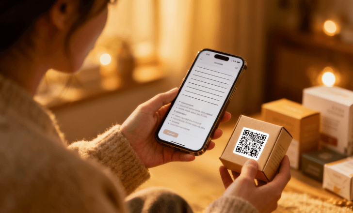 Person scanning a product package with a smartphone at home to access product information.
