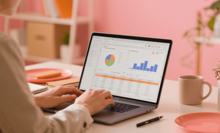 Professional analyzing organized packaging data on a laptop screen.