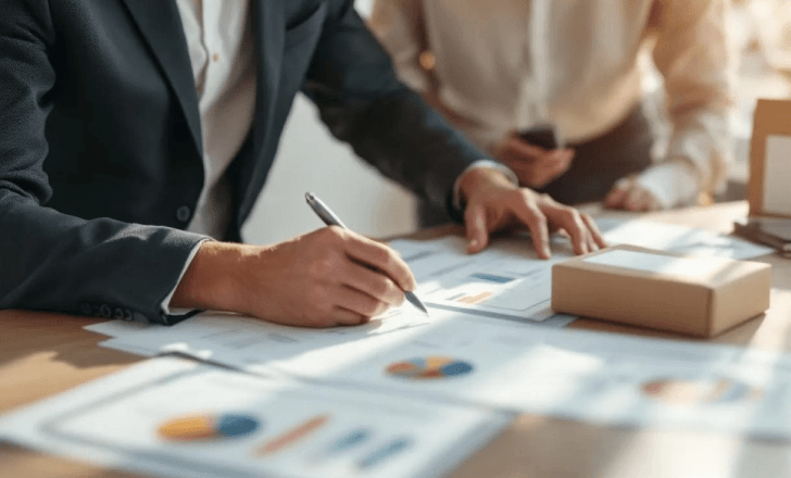 Professionals reviewing packaging performance data with product samples on a desk.
