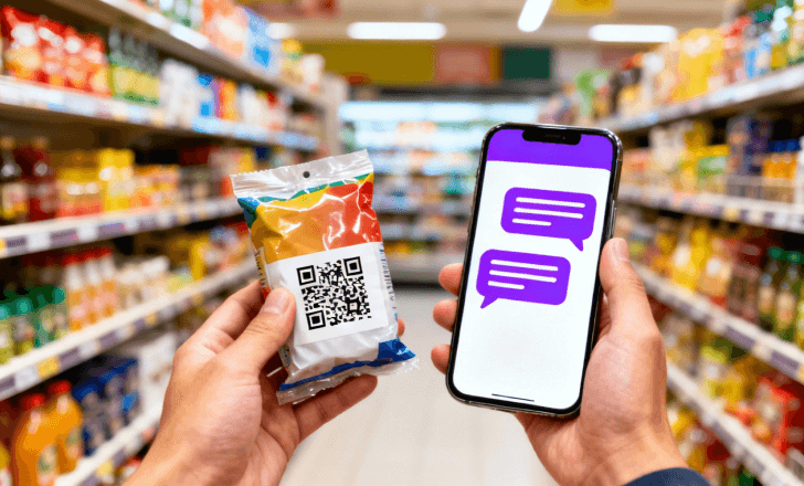Shopper scanning a QR code on a product package inside a supermarket.
