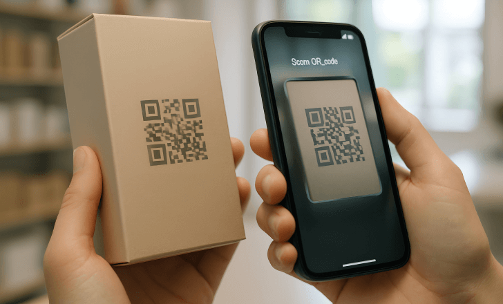 Smartphone scanning product box with digital connected QR code