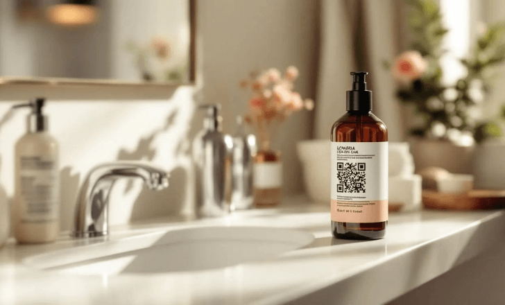 Cosmetic bottle on a counter with a QR code included on its label.