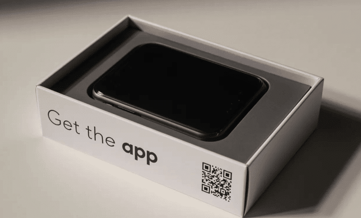 Electronic product packaging with a QR code leading to an app download.