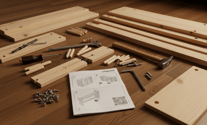 Furniture assembly instructions featuring a QR code next to parts and tools.