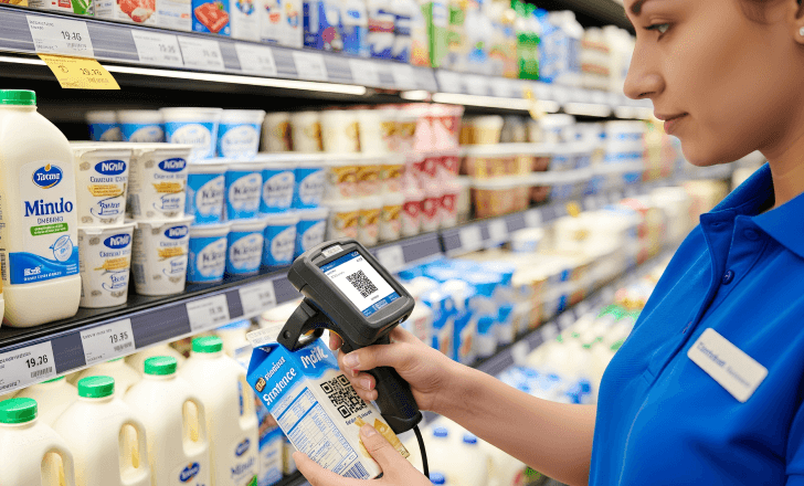 Store employee using intelligent and connected packaging to reduce food waste.
