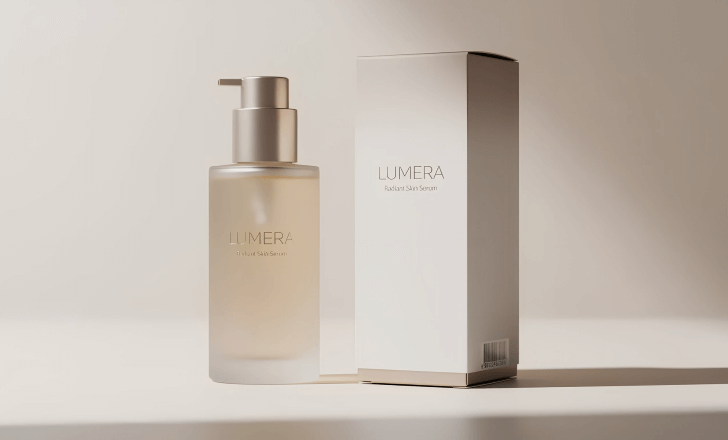 Cosmetic packaging with a barcode integrated cleanly into the design.