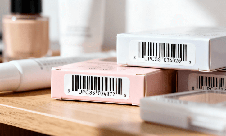 Cosmetic products on a table with different barcode formats displayed.